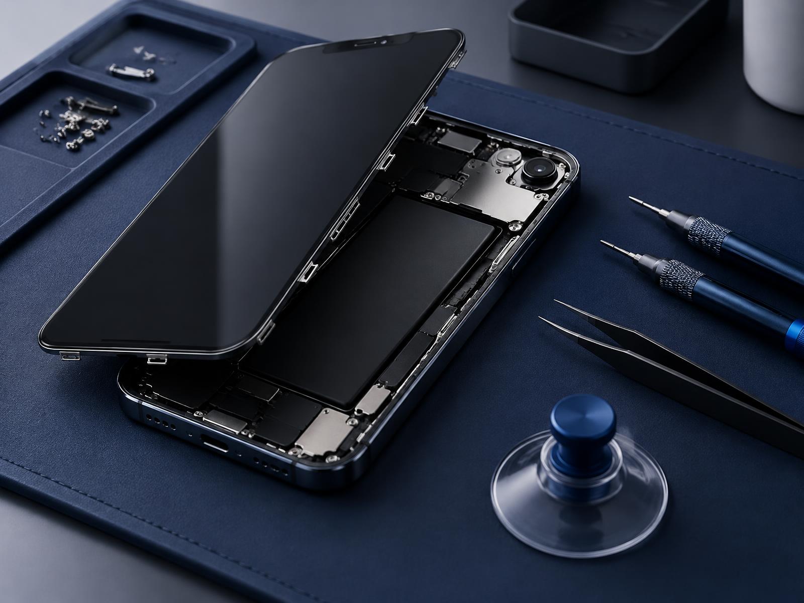 Smartphone with its display opened on a repair mat beside precision tools