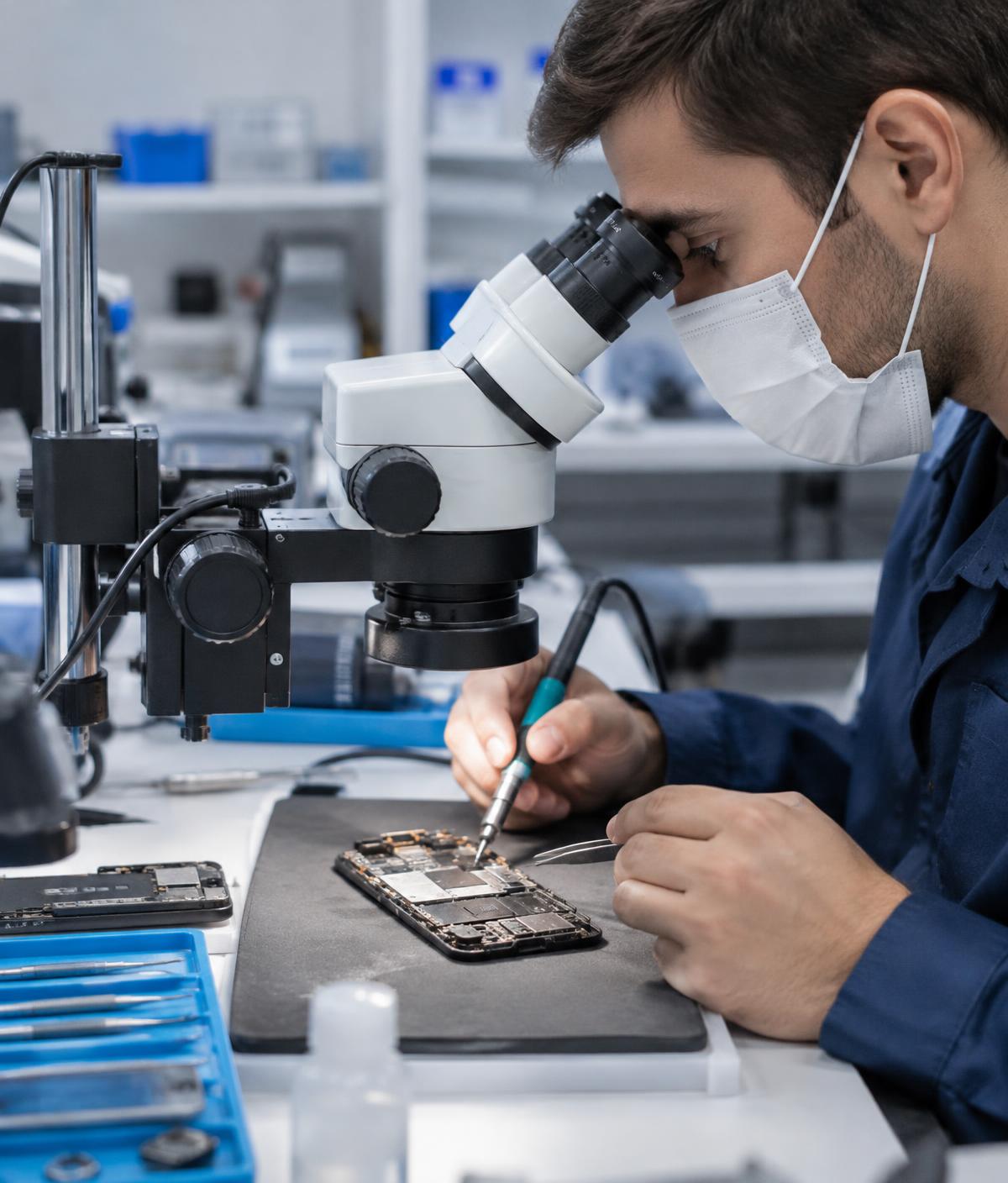 Masked mobile repair technician working on a smartphone motherboard under a microscope.